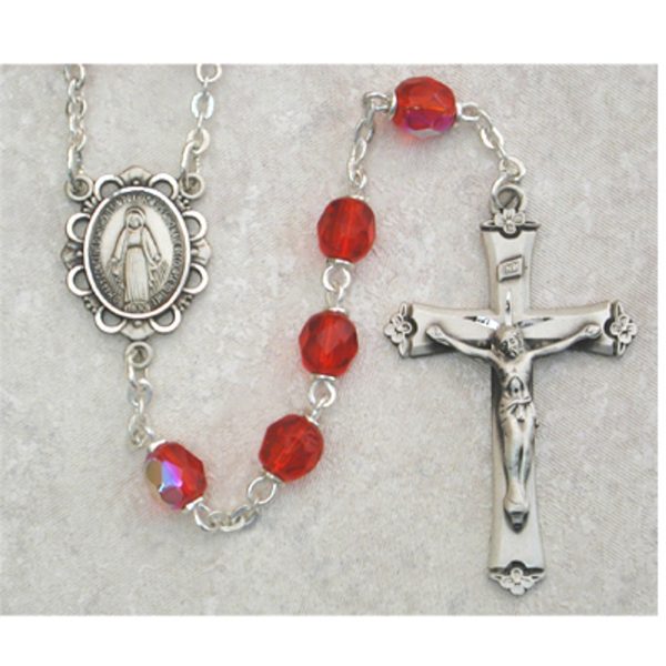 July Blessed Mary Ruby Glass and Sterling Silver Rosary
