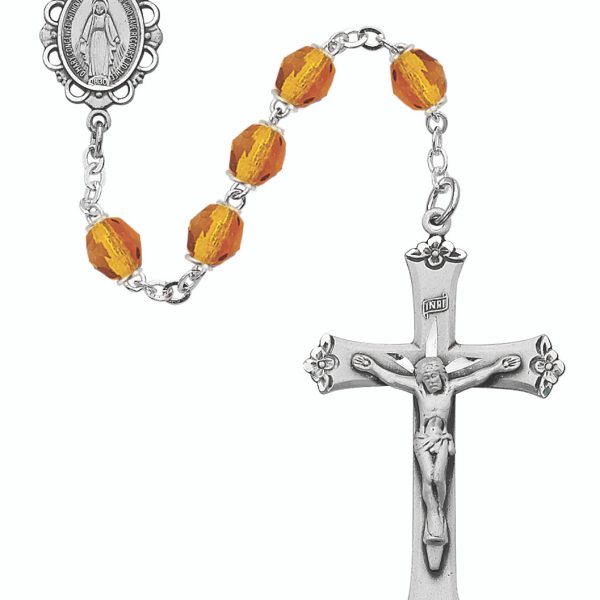 November Blessed Mary Topaz Glass and Sterling Silver Rosary
