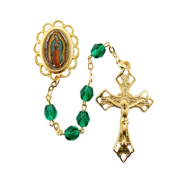 Our Lady of Guadalupe Gold over Pewter Green Glass Rosary