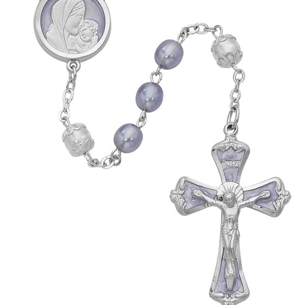 Blessed Mary and Baby Jesus Lavendar Pearl Glass Rosary