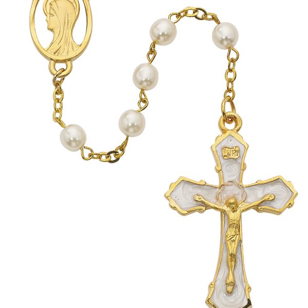 Blessed Virgin Mary Gold Plated Pearl Glass Rosary