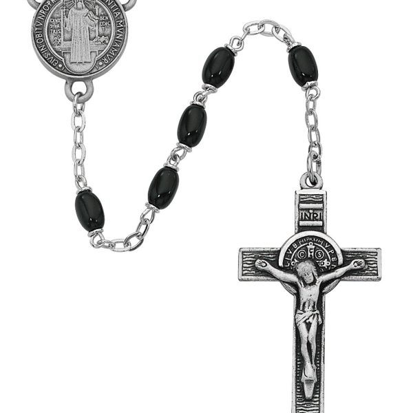 Saint Benedict Black Oval Glass Rosary