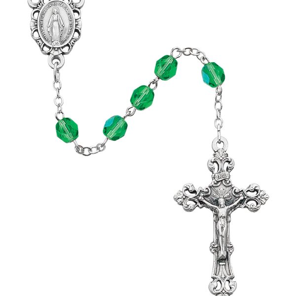 August Blessed Mary Peridot Glass Rosary
