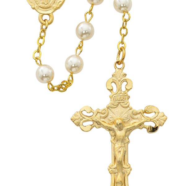 Blessed Mary Gold Plated Pearl Glass Rosary