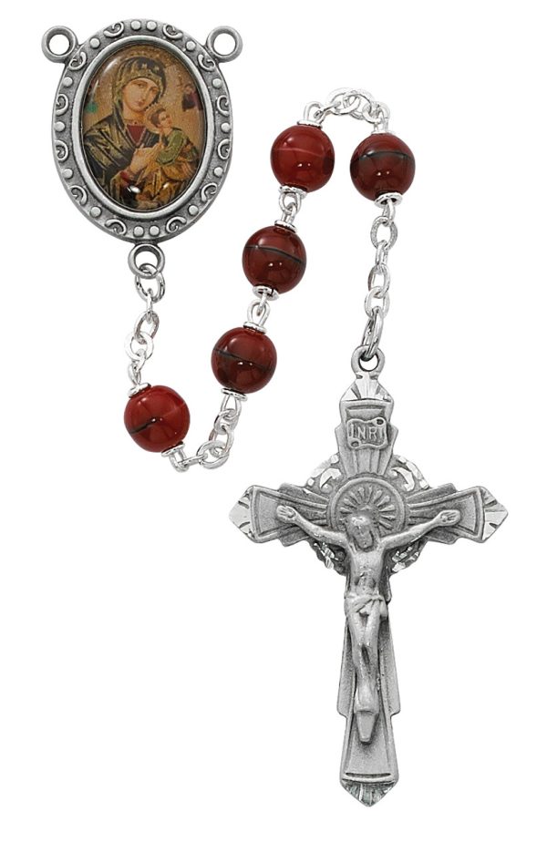 7mm Red Our Lady of Perpetual Help Rosary Beads with Pewter Crucifix
