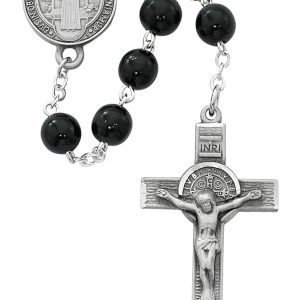 7mm Black Wood St Benedict Rosary Beads with Pewter Crucifix