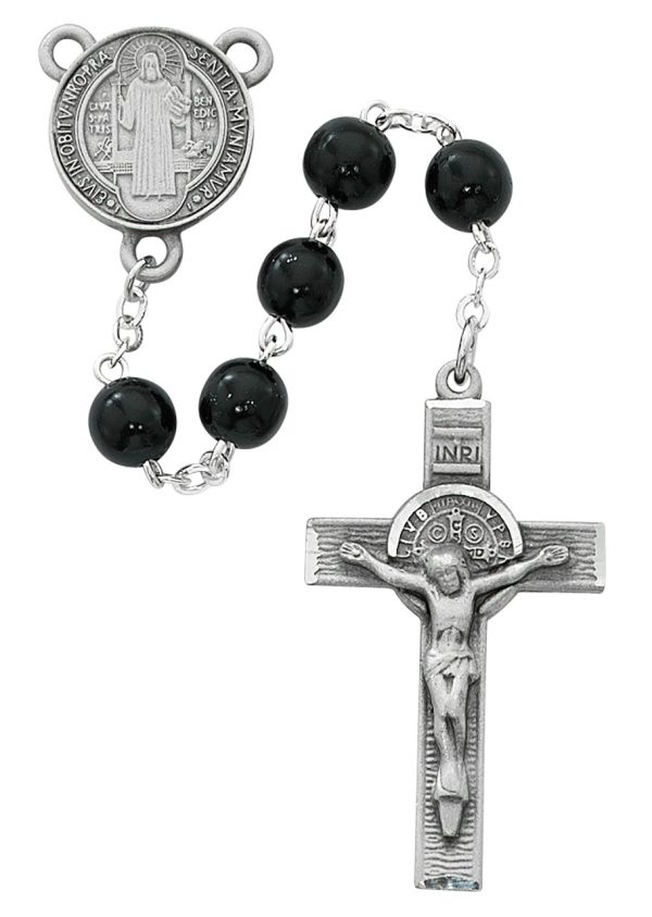 7mm Black Wood St Benedict Rosary Beads with Pewter Crucifix