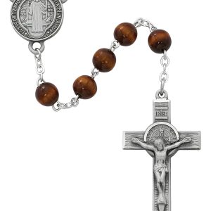 7mm Brown Wood St Benedict Rosary Beads with Pewter Crucifix