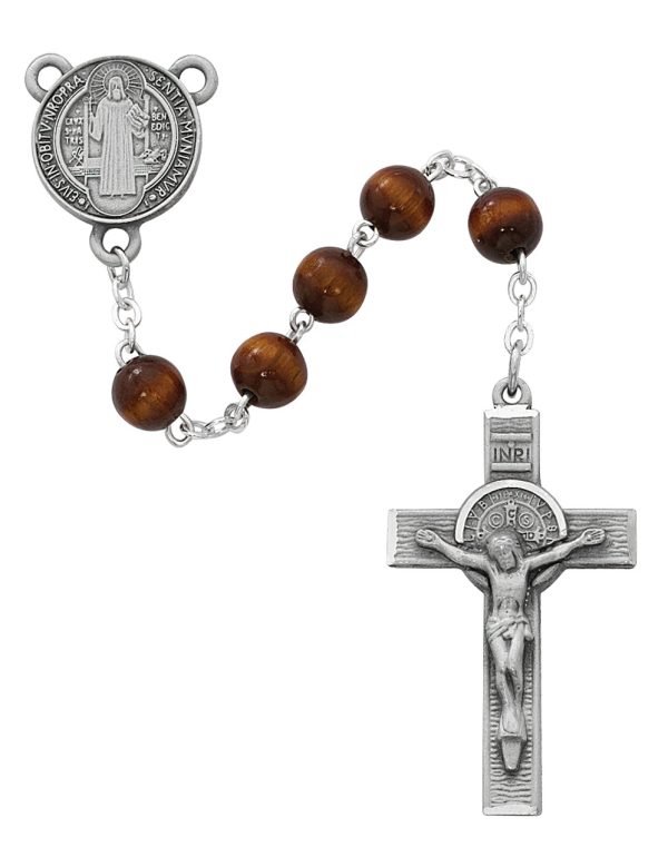 7mm Brown Wood St Benedict Rosary Beads with Pewter Crucifix
