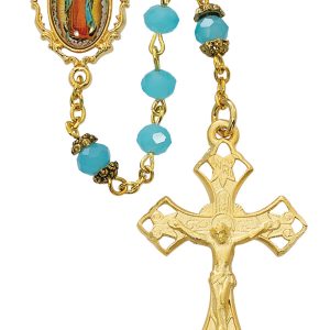 6mm Aqua Our Lady of Guadalupe Rosary Beads with Gold Plated Pewter Crucifix