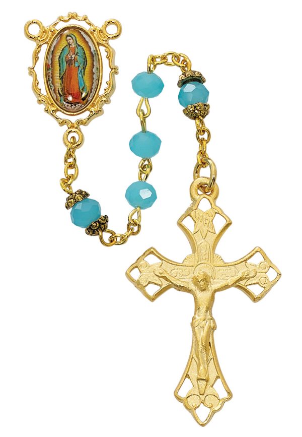 6mm Aqua Our Lady of Guadalupe Rosary Beads with Gold Plated Pewter Crucifix