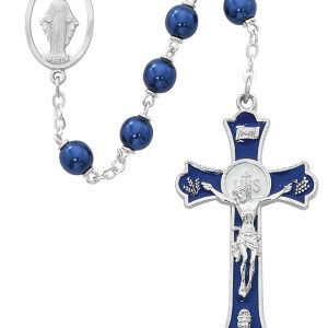 7mm Blue Pearl Holy Mass Crucifix Rosary Beads with Rhodium Plated Pewter Crucifix