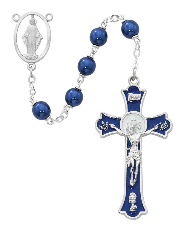 7mm Blue Pearl Holy Mass Crucifix Rosary Beads with Rhodium Plated Pewter Crucifix