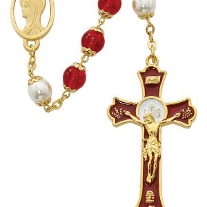 8mm Red Holy Mass Crucifix Rosary Beads with Gold Plated Pewter Crucifix