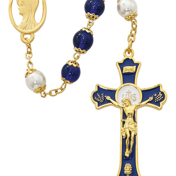 Blessed Virgin Mary Blue and Pearl Rosary with Holy Mass Crucifix