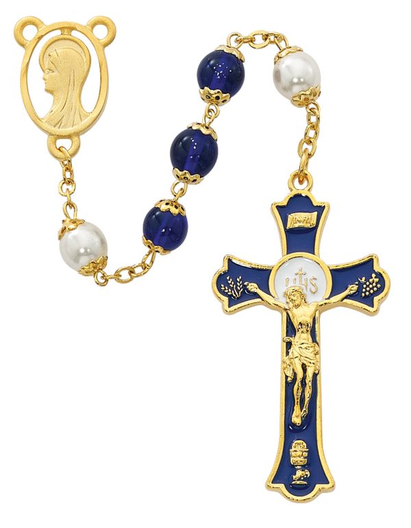 8mm Blue Holy Mass Crucifix Rosary Beads with Gold Plated Pewter Crucifix