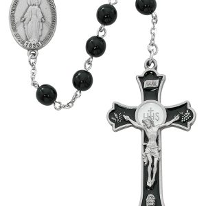 7mm Black Holy Mass Crucifix Rosary Beads with Pewter Crucifix