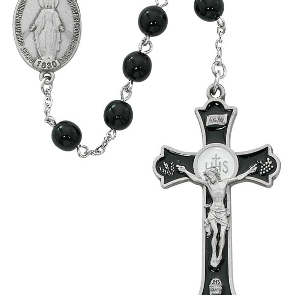 Blessed Mary Black Glass Rosary with Holy Mass Crucifix
