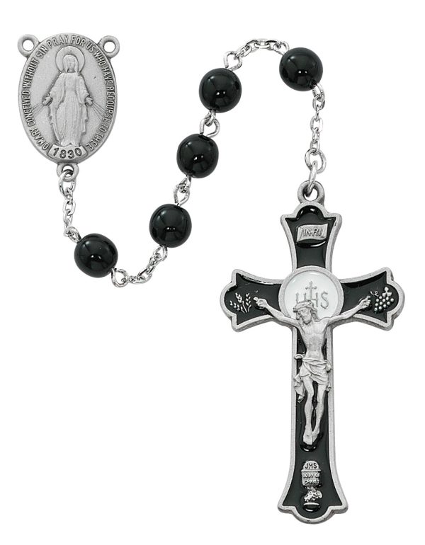 7mm Black Holy Mass Crucifix Rosary Beads with Pewter Crucifix