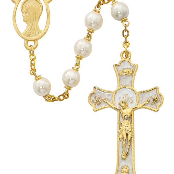 Blessed Virgin Mary Gold Plated Pearl Rosary with Holy Mass Crucifix