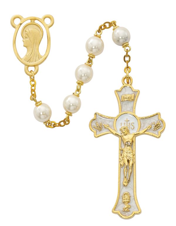 7mm Pearl like Holy Mass Crucifix Rosary Beads with Pewter Crucifix