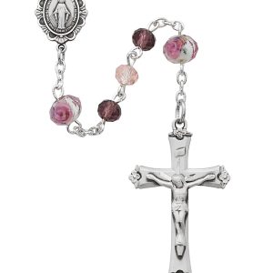 6mm Pink Multi Tin Cut Crystal Rosary Beads with Sterling Silver Crucifix