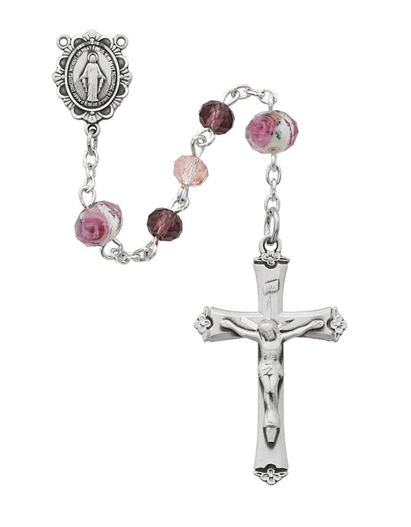 6mm Pink Multi Tin Cut Crystal Rosary Beads with Sterling Silver Crucifix