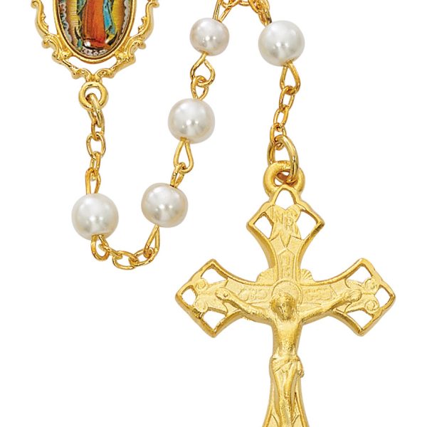 Our Lady of Guadalupe Gold Plated Pearl Glass Rosary