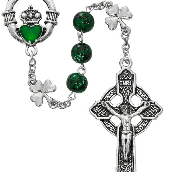 Claddagh Green Glass Shamrock Rosary with Celtic Crucifix