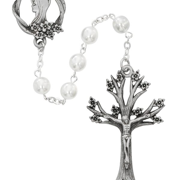 Blessed Mary White Glass Dogwood Rosary
