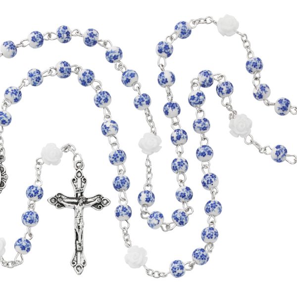 Blessed Mary Blue Ceramic and Flower Rosary