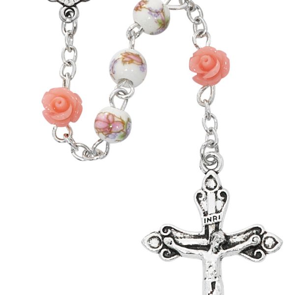Blessed Mary Pink Ceramic and Flower Rosary