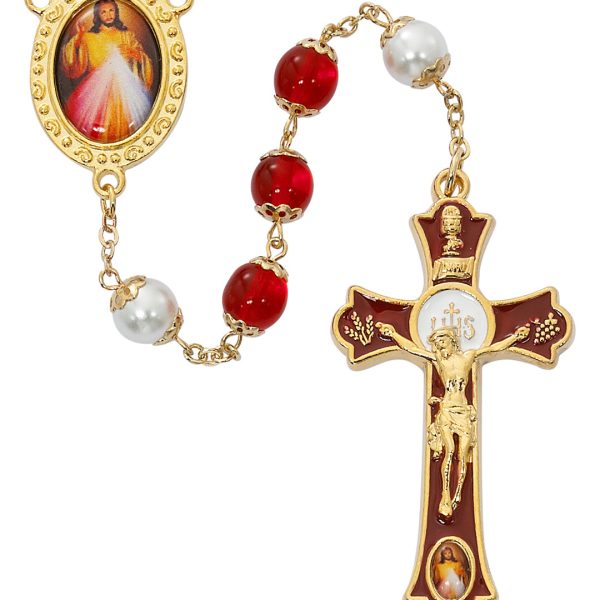 Divine Mercy Red and Pearl Gold Plated Rosary with Holy Mass Crucifix