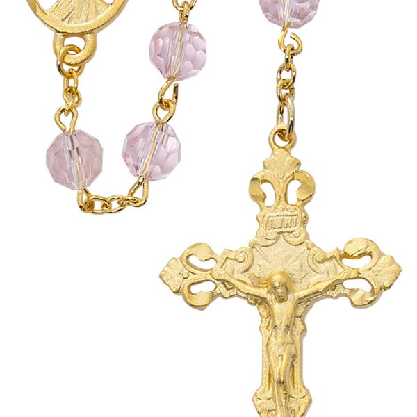 Blessed Virgin Mary Gold Plated Pink Crystal Rosary