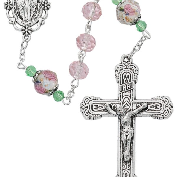 Blessed Mary Pink Crystal Flower Rosary