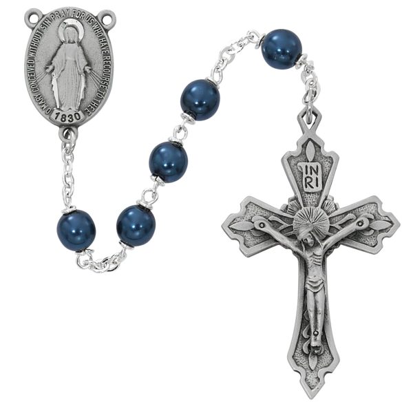 Blessed Mary Blue Metallic Glass Rosary