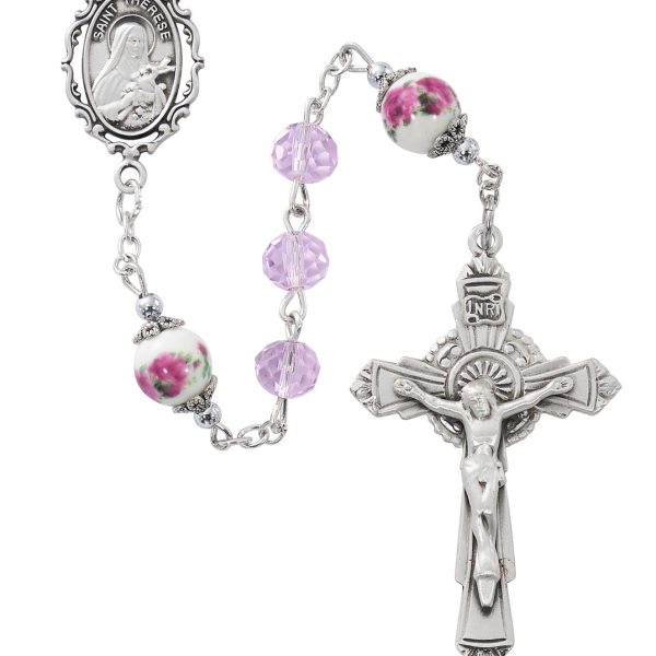 Saint Therese Pink Crystal and Sterling Silver Rosary
