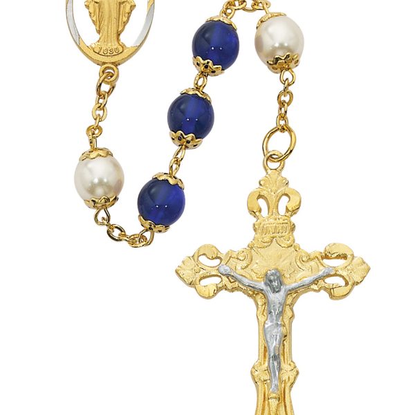 Blessed Mary Gold Plated Blue and Pearl Rosary