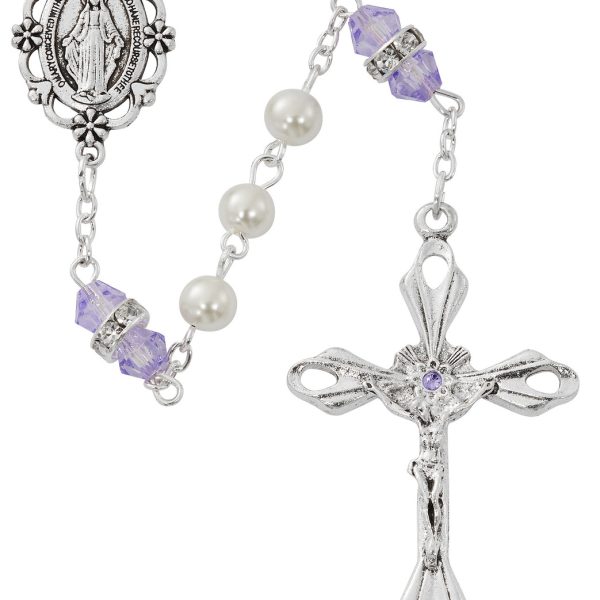 June Blessed Mary Pearl and Rondell Amethyst Glass Rosary