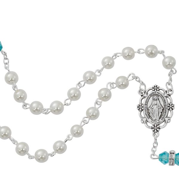 March Blessed Mary Pearl and Rondell Aqua Glass Rosary