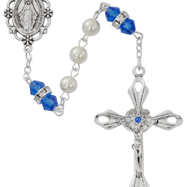 September Blessed Mary Pearl and Rondell Sapphire Glass Rosary