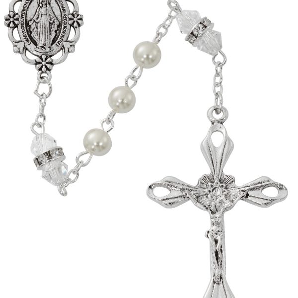 April Blessed Mary Pearl and Rondell Crystal Glass Rosary