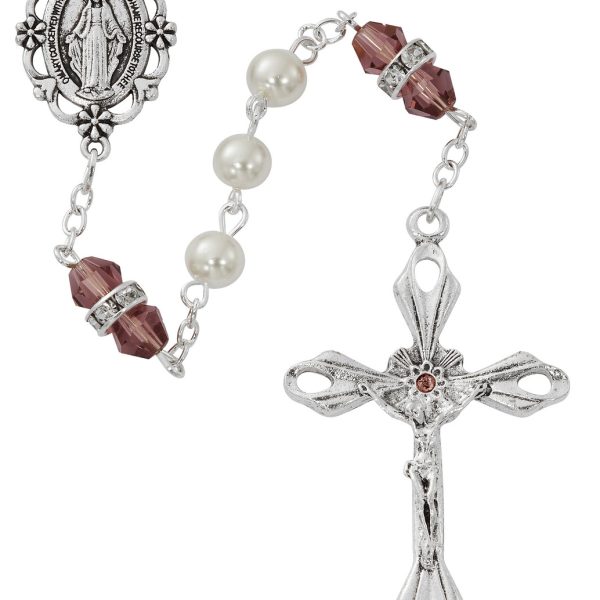 February Blessed Mary Pearl and Rondell Dark Amethyst Glass Rosary