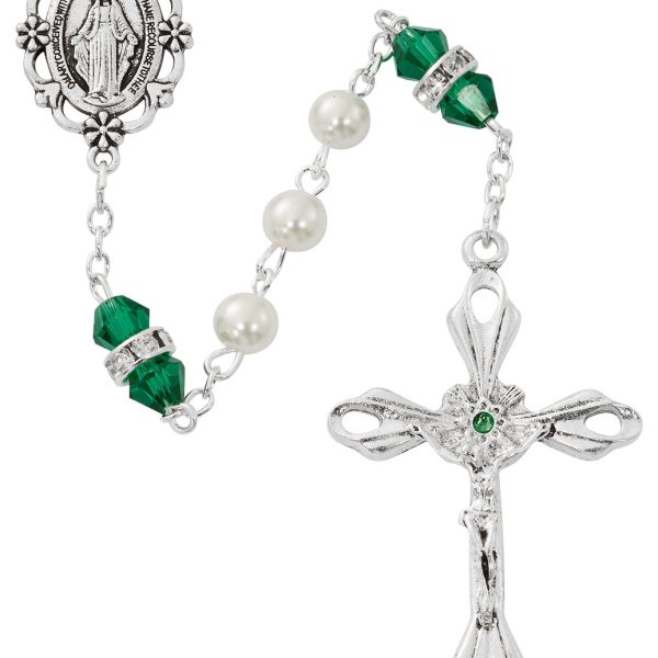 May Blessed Mary Pearl and Rondell Emerald Glass Rosary