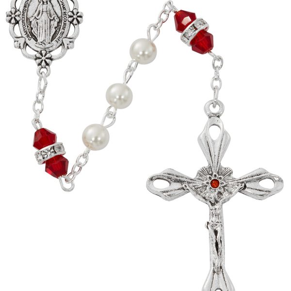 January Blessed Pearl and Rondell Mary Garnet Glass Rosary