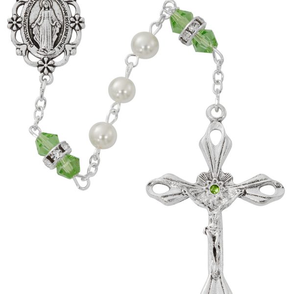 August Blessed Mary Pearl and Rondell Peridot Glass Rosary