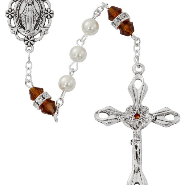 November Blessed Mary Pearl and Rondell Topaz Glass Rosary