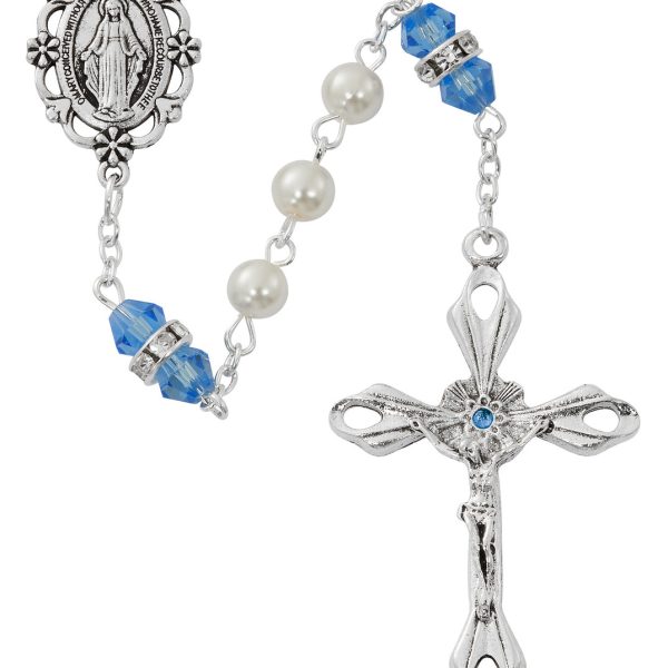 December Blessed Mary Pearl and Rondell Zircon Glass Rosary