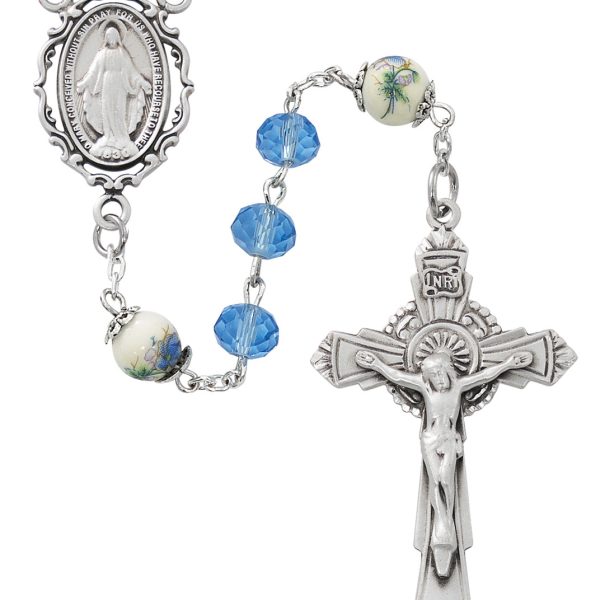Blessed Mary Blue Crystal and Ceramic with Sterling Silver Rosary