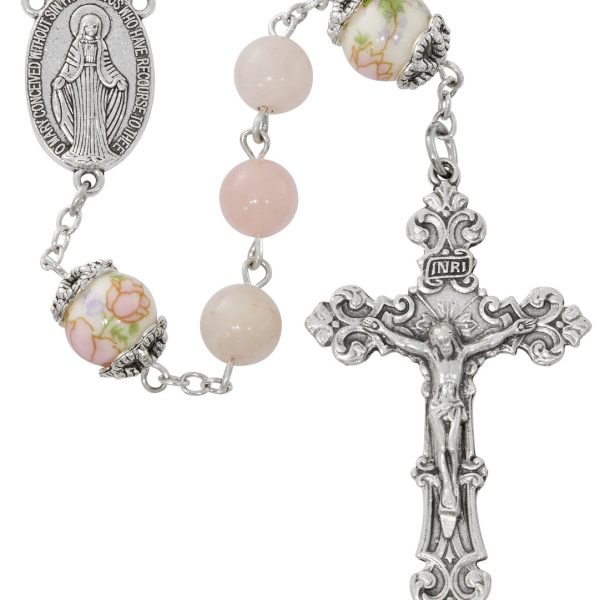 Blessed Mary Rose Quartz and Ceramic Rosary